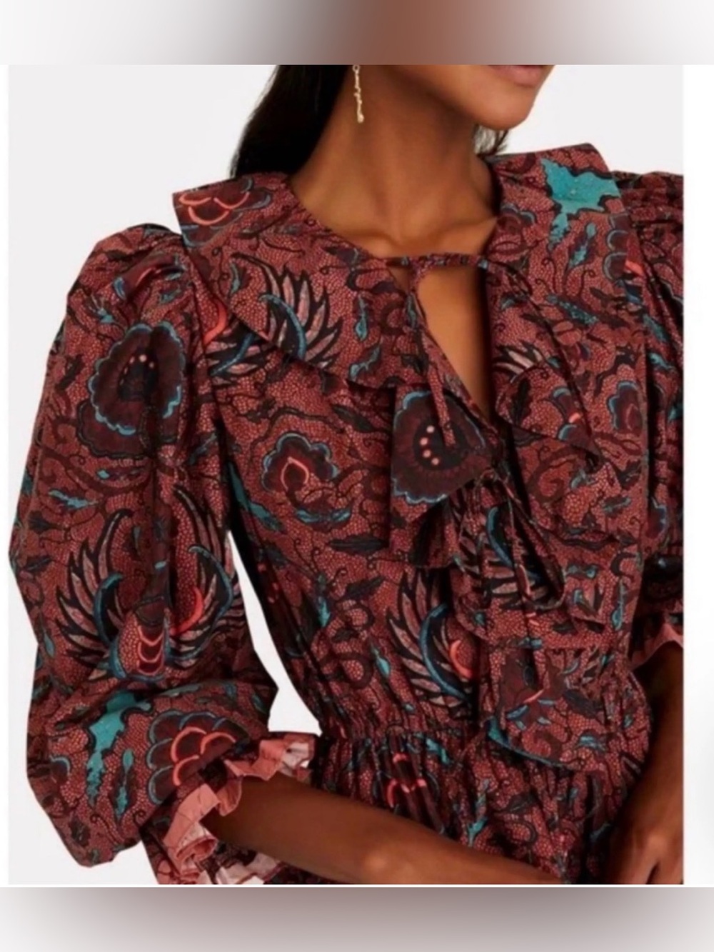 Ulla Johnson Ruffled Floral Peasant Blouse in Burgundy and Teal